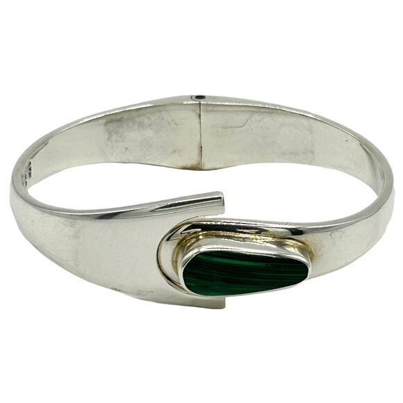 Taxco 925 Sterling Silver & Malachite Hinged Bangle Bracelet - Picture 1 of 5